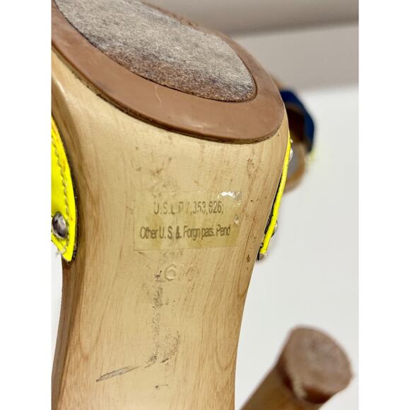 Guess Denim Slip On Wooden Mules Heels Brown/Blue with Yellow Trim Women Size 6 - Picture 5 of 6